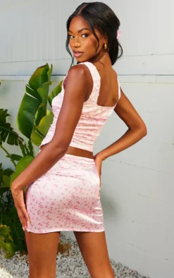 Light Pink Ditsy Floral Print Satin Lace Up Ruched Bust Corset