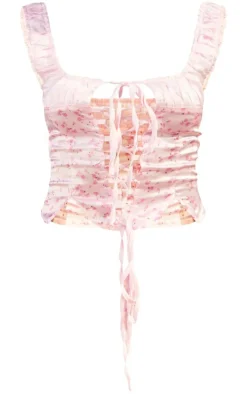 Light Pink Ditsy Floral Print Satin Lace Up Ruched Bust Corset