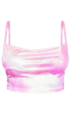 Light Pink Floral Print Acetate Slinky Cowl Neck Strappy Top