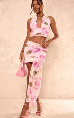 Light Pink Floral Print Chiffon Drape Front Low Rise Micro Mini Skirt