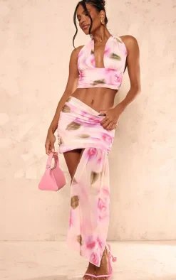 Light Pink Floral Print Chiffon Halterneck Crop Top