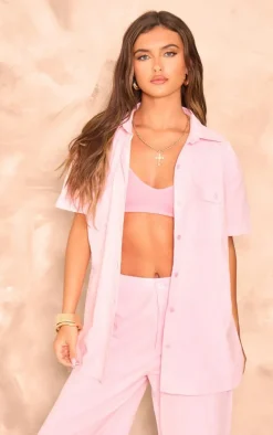 Light Pink Linen Look Pocket Front Short Sleeve Oversized Shirt