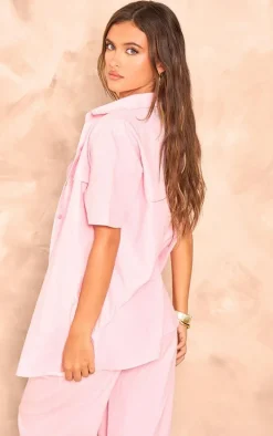 Light Pink Linen Look Pocket Front Short Sleeve Oversized Shirt