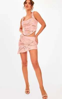 Light Pink Textured Chiffon Asymmetric Mini Skirt