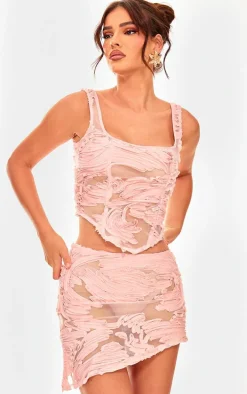 Light Pink Textured Chiffon Asymmetric Mini Skirt