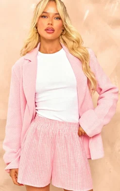 Light Pink Textured Oversized Structured Minimal Blazer