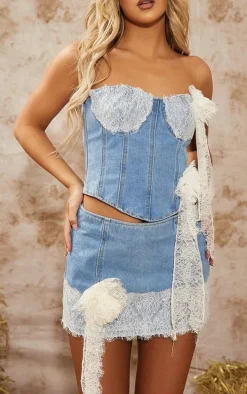 Light Wash Lace Detail Denim Mini Skirt