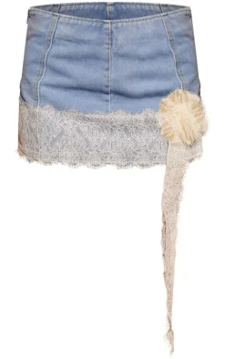 Light Wash Lace Detail Denim Mini Skirt