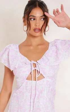Lilac Abstract Floral Print Frill Sleeve Tie Shift Dress