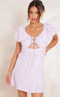 Lilac Abstract Floral Print Frill Sleeve Tie Shift Dress