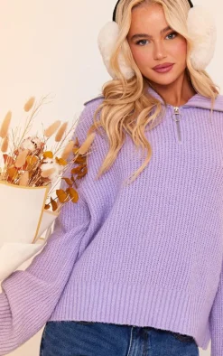 Lilac Brushed Knit Zip Up Oversized Sweater