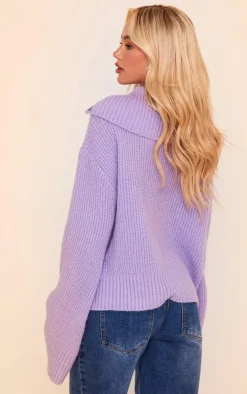 Lilac Brushed Knit Zip Up Oversized Sweater