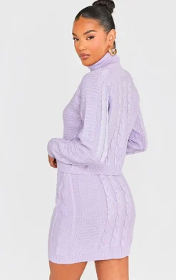 Lilac Cable Roll Neck Knitted Sweater & Cable Knit Skirt Set