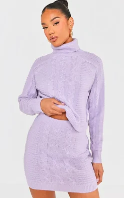 Lilac Cable Roll Neck Knitted Sweater & Cable Knit Skirt Set