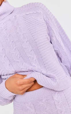 Lilac Cable Roll Neck Knitted Sweater & Cable Knit Skirt Set