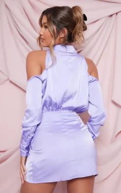 Lilac Cold Shoulder Satin Wrap Shirt Dress