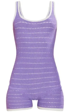 Lilac Contrast Binding Crochet Knit Romper