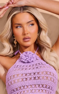 Lilac Crochet Flower Detail Halterneck Beach Top