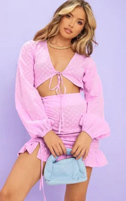 Lilac Ditsy Embroidered Ruched Skirt Bodycon Dress