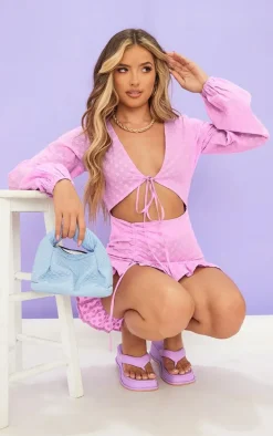 Lilac Ditsy Embroidered Ruched Skirt Bodycon Dress