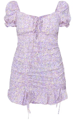 Lilac Ditsy Floral Print Ruched Puff Sleeve Bodycon Dress