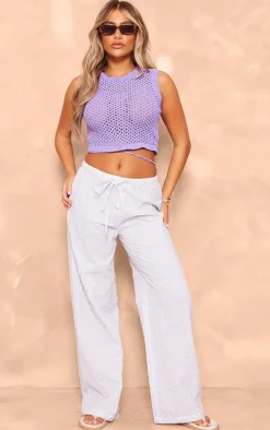 Lilac Embroidered Pattern Drawstring Waist Pants