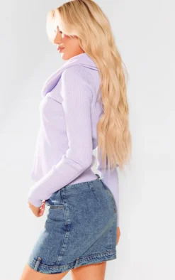 Lilac Faux Fur Collar Rib Knit Cardigan