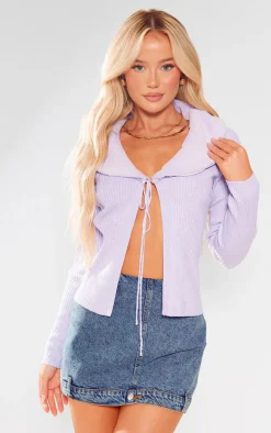 Lilac Faux Fur Collar Rib Knit Cardigan
