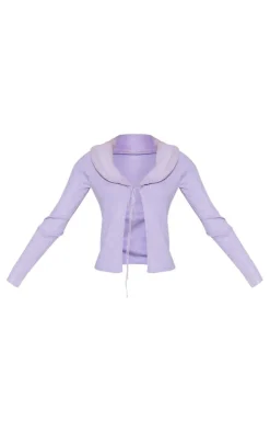 Lilac Faux Fur Collar Rib Knit Cardigan