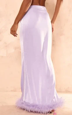 Lilac Feather Trim Satin Maxi Skirt