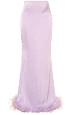 Lilac Feather Trim Satin Maxi Skirt