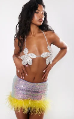 Lilac Feather Trim Sequin Mini Skirt