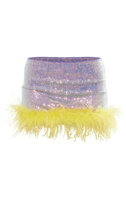 Lilac Feather Trim Sequin Mini Skirt