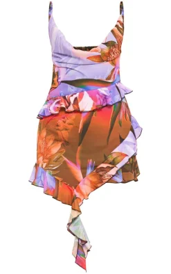Lilac Floral Abstract Print Cowl Frill Detail Shift Dress