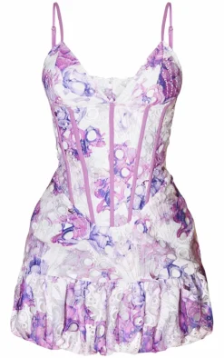 Lilac Floral Cup Detail Extreme Puff Ball Hem Mini Dress