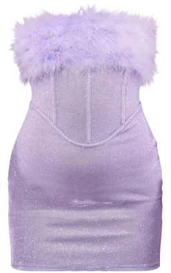 Lilac Glitter Corset Feather Bandeau Bodycon Dress