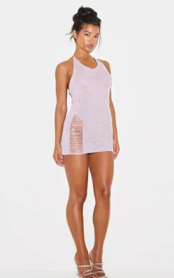 Lilac Glitter Knit Distressed Ladder Halterneck Mini Dress