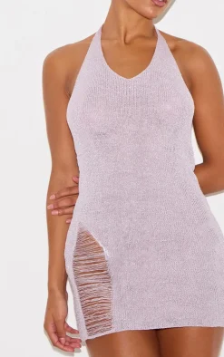 Lilac Glitter Knit Distressed Ladder Halterneck Mini Dress