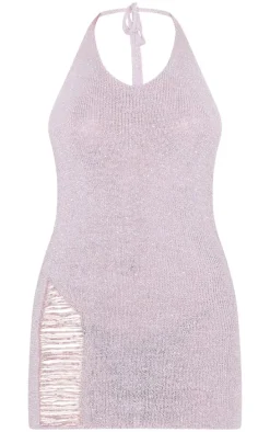 Lilac Glitter Knit Distressed Ladder Halterneck Mini Dress