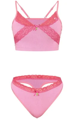 Lilac Lace Trim Bralette And Thong Lingerie Set