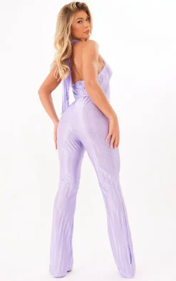 Lilac Plisse Lace Cup Underwired Halter Tie Jumpsuit