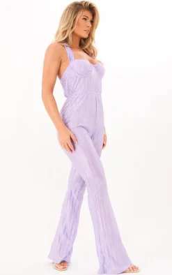Lilac Plisse Lace Cup Underwired Halter Tie Jumpsuit