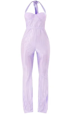 Lilac Plisse Lace Cup Underwired Halter Tie Jumpsuit