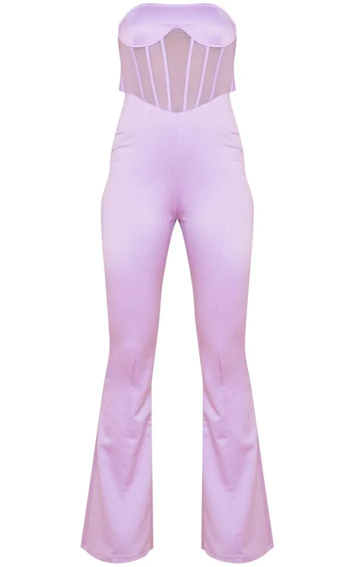 Lilac Satin Cross Halter Mesh Corset Flared Jumpsuit