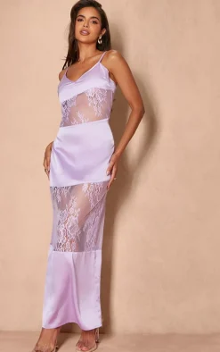 Lilac Satin Lace Insert Maxi Dress