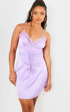 Lilac Satin Lace Trim Strappy Shift Dress