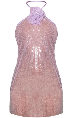 Lilac Sequin Halterneck Rose Applique Shift Dress