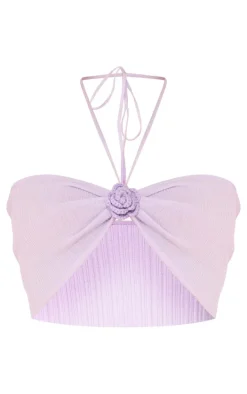 Lilac Soft Rib Knit Flower Applique Crop Top