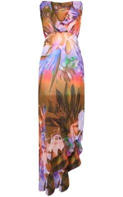 Lilac Tropical Frill Trim Plunge Maxi Dress