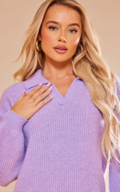 Lilac V Neck Collared Brushed Knit Sweater Dress